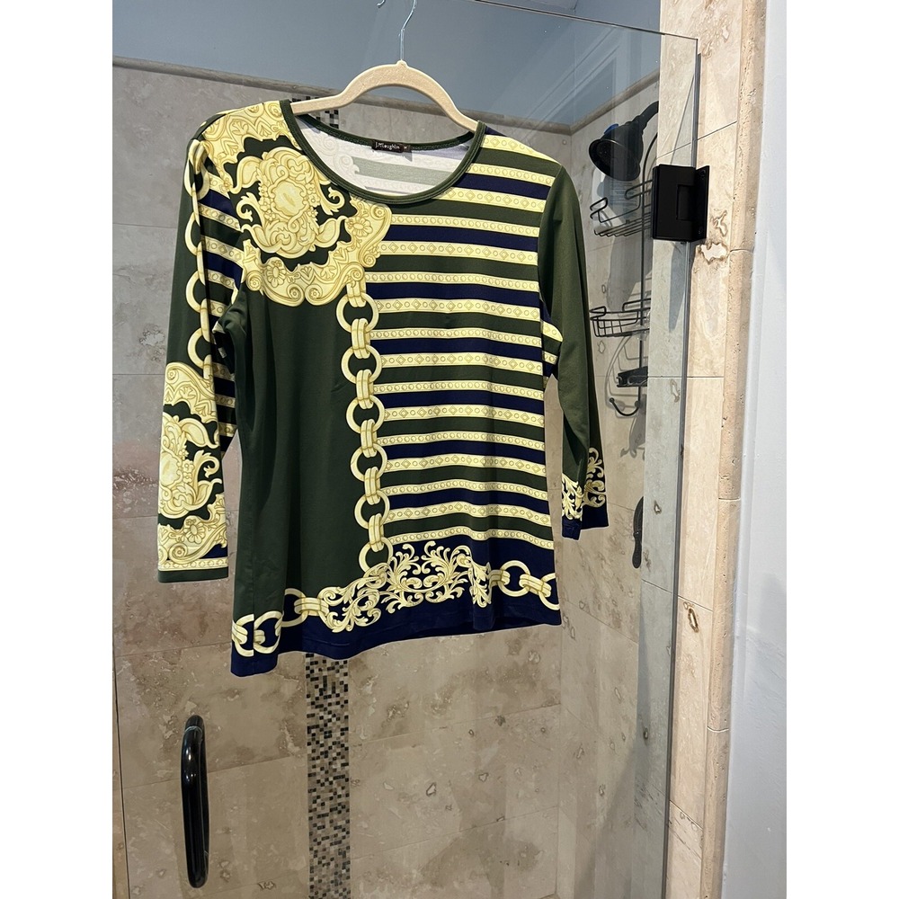 J. McLAUGHLIN Ornamental Chain Print Equestrian Catalina Cloth Knit Top M Green
